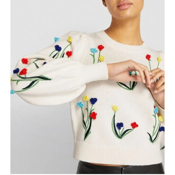 Alice + Olivia Cream Floral Embroidered Sweater Cotton Wool Blend Puff Sleeve M - Picture 2 of 6
